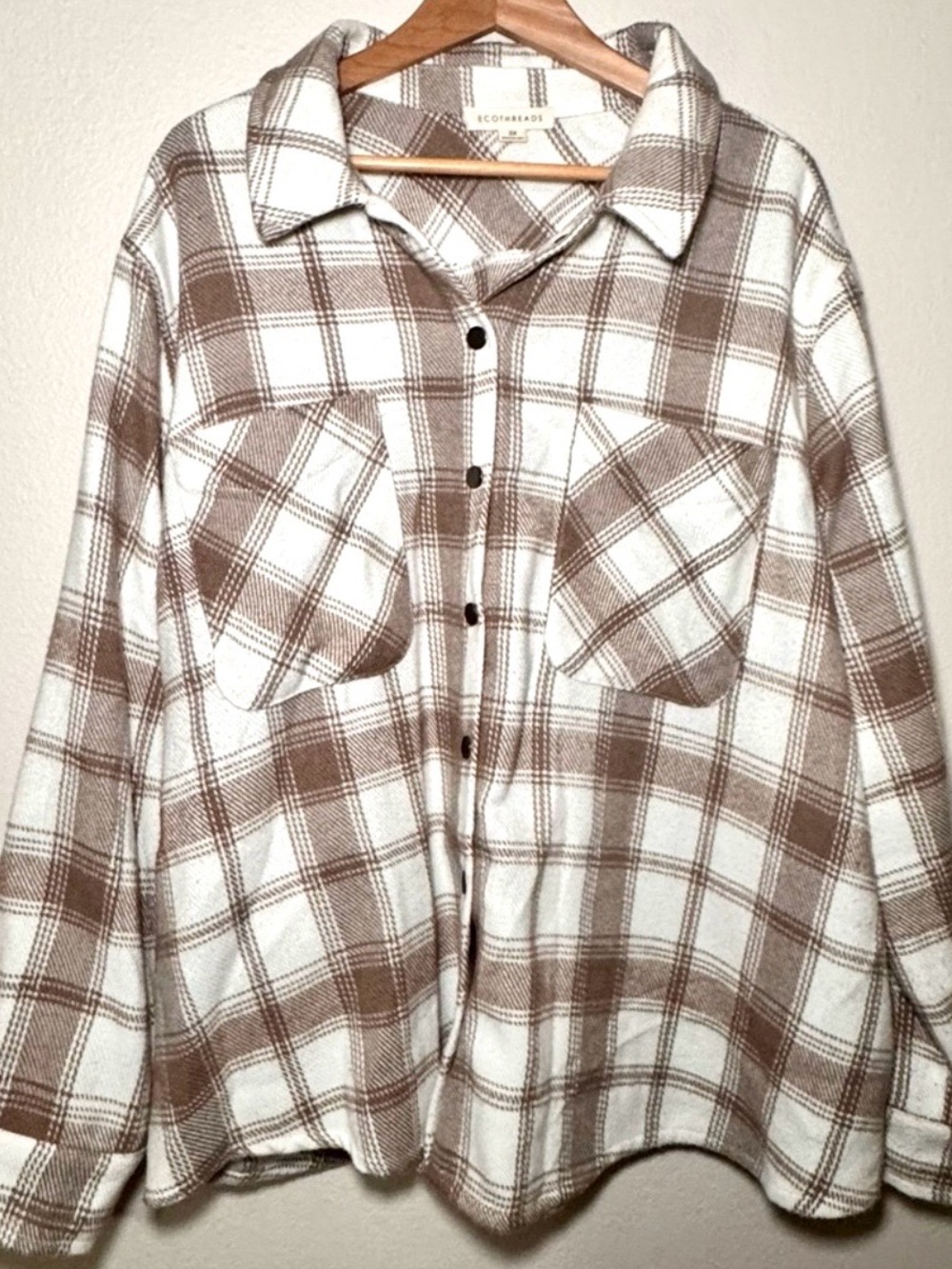 Ecothreads Plaid Snap Front Shacket Jacket 3X Brown Cream Cozy Layer